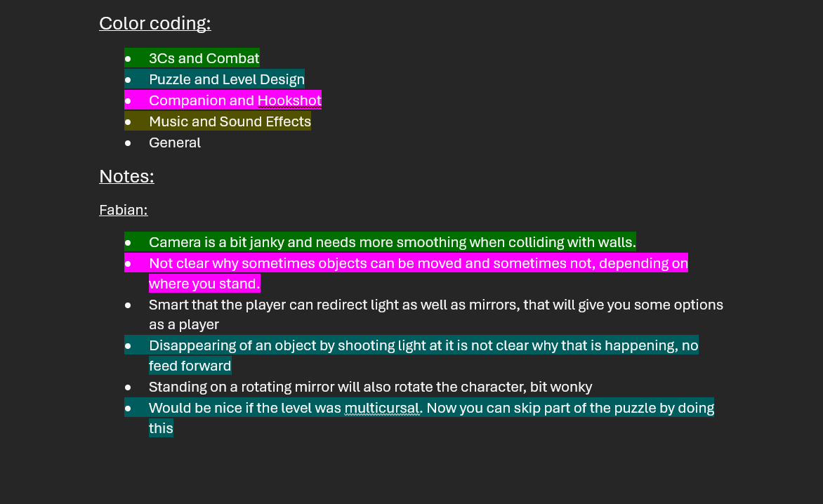 Color-coded playtest notes shared with the team