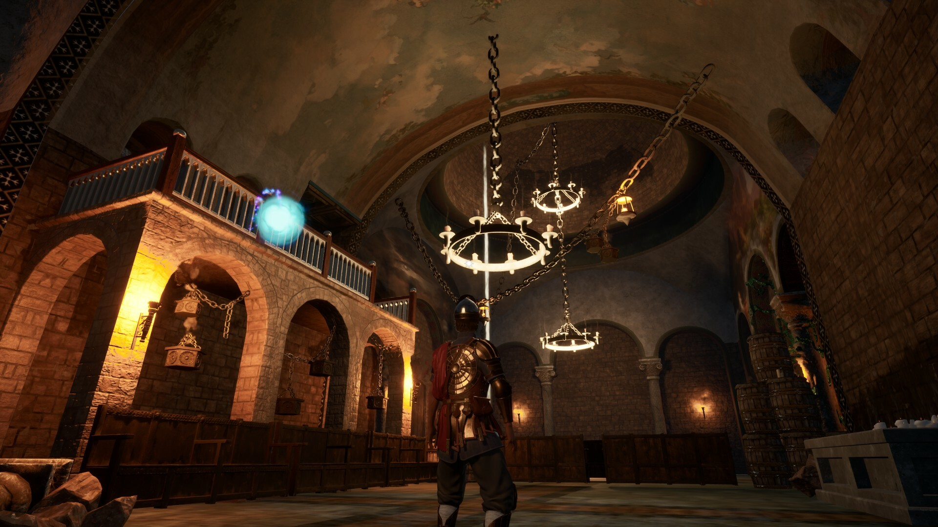 A glowing spirit above the player in a vaulted Katharsi environment