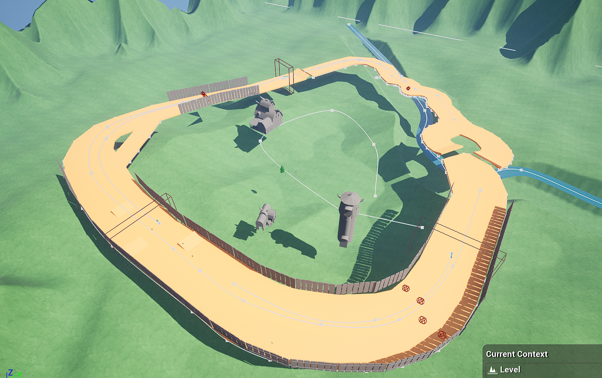 The race track surrounded by farmland, mountains, and water
