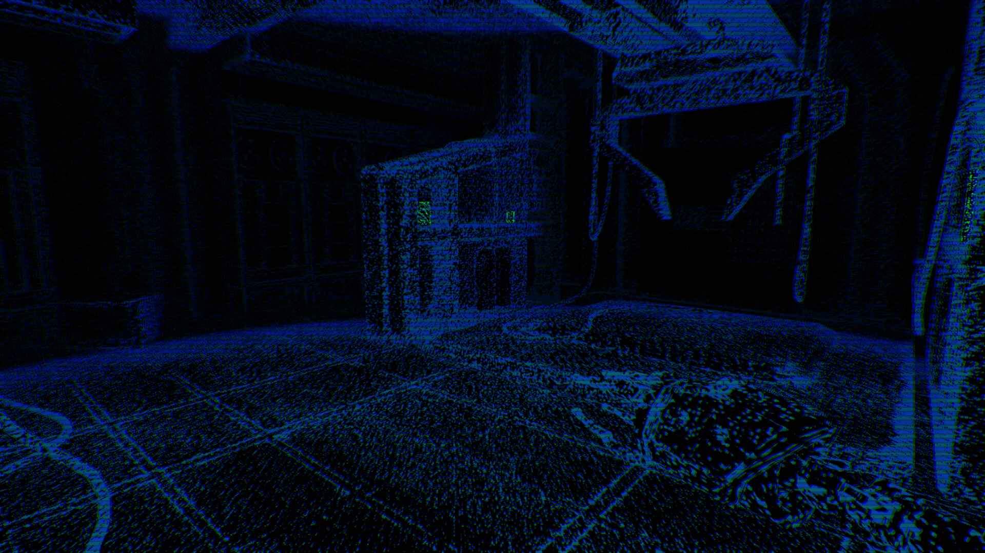 A dark corridor revealed in blue by echolocation